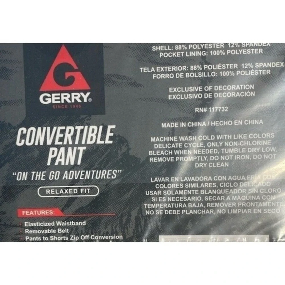 Gerry Convertible Pant Mens 38x34 Black New Relaxed Fit Stretch Hiking Zip‎ Off